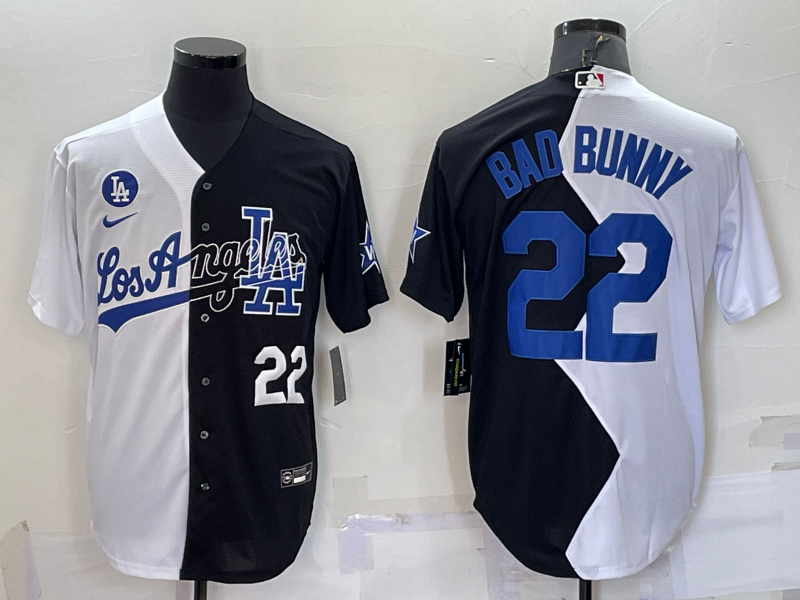 Men's Los Angeles Dodgers #22 Bad Bunny 2022 All-Star White/Black Split Cool Base Stitched Baseball Jersey Men's Los Angeles Dodgers #22 Bad Bunny 2022 All-Star White/Black Split Cool Base Stitched Baseball Jersey